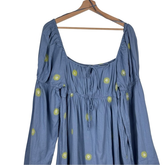 FREE PEOPLE EMORY DAISY EMBROIDERY MILKMAID COTTON LINEN RELAXED BOHO MIDI DRESS - Picture 5 of 16